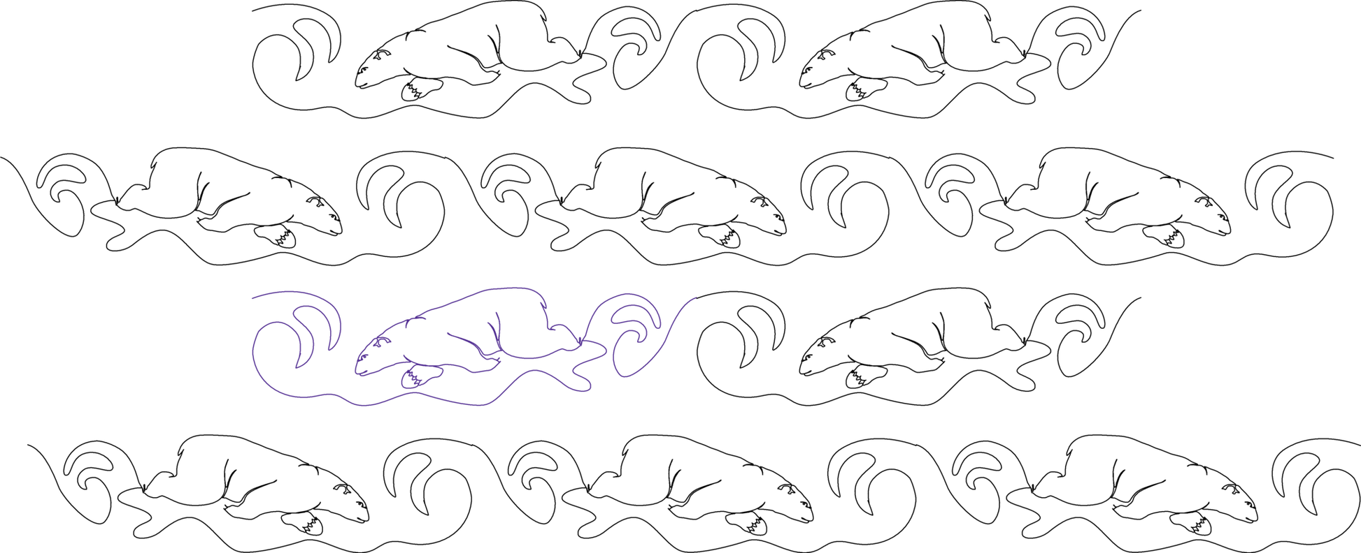 repeat view of polar bear swimming in waves, quilting pattern