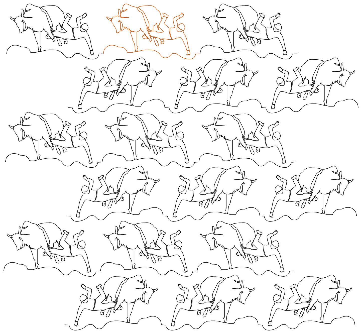 Rodeo Bull Rider repeat, even rows offset 70% to right, x flip