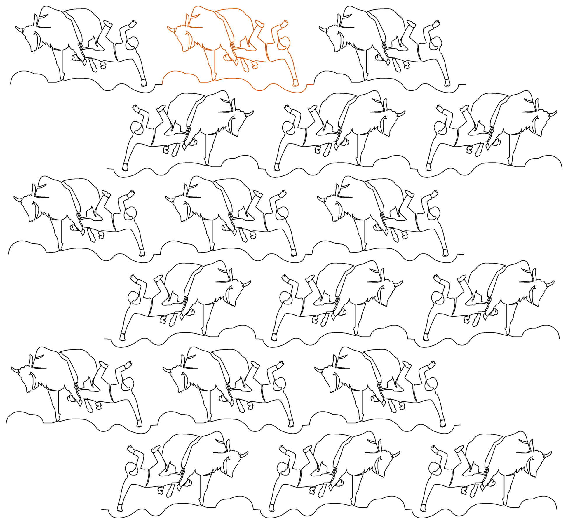 Rodeo Bull Rider repeat, even rows offset 70% to right, x flip
