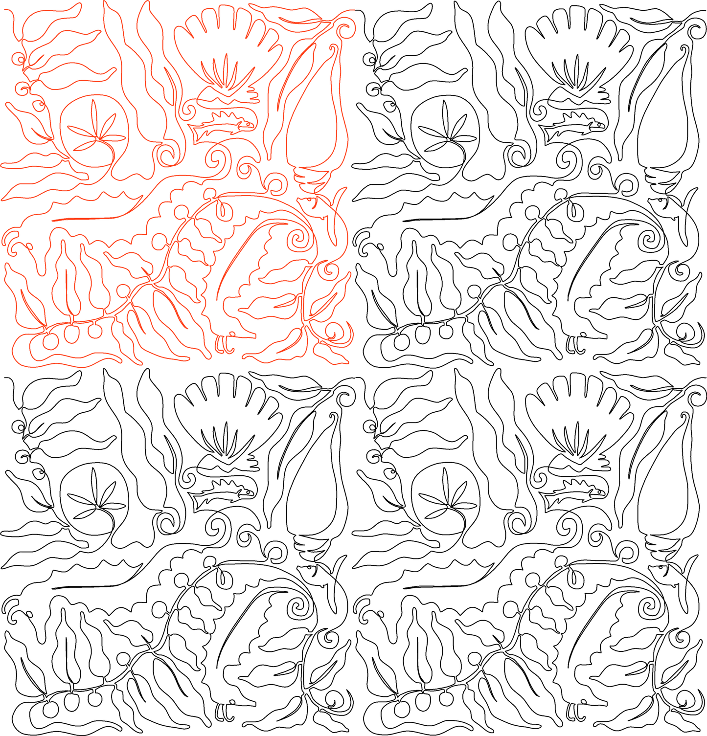 tossed seahorse shells and kelp quilting design repeat