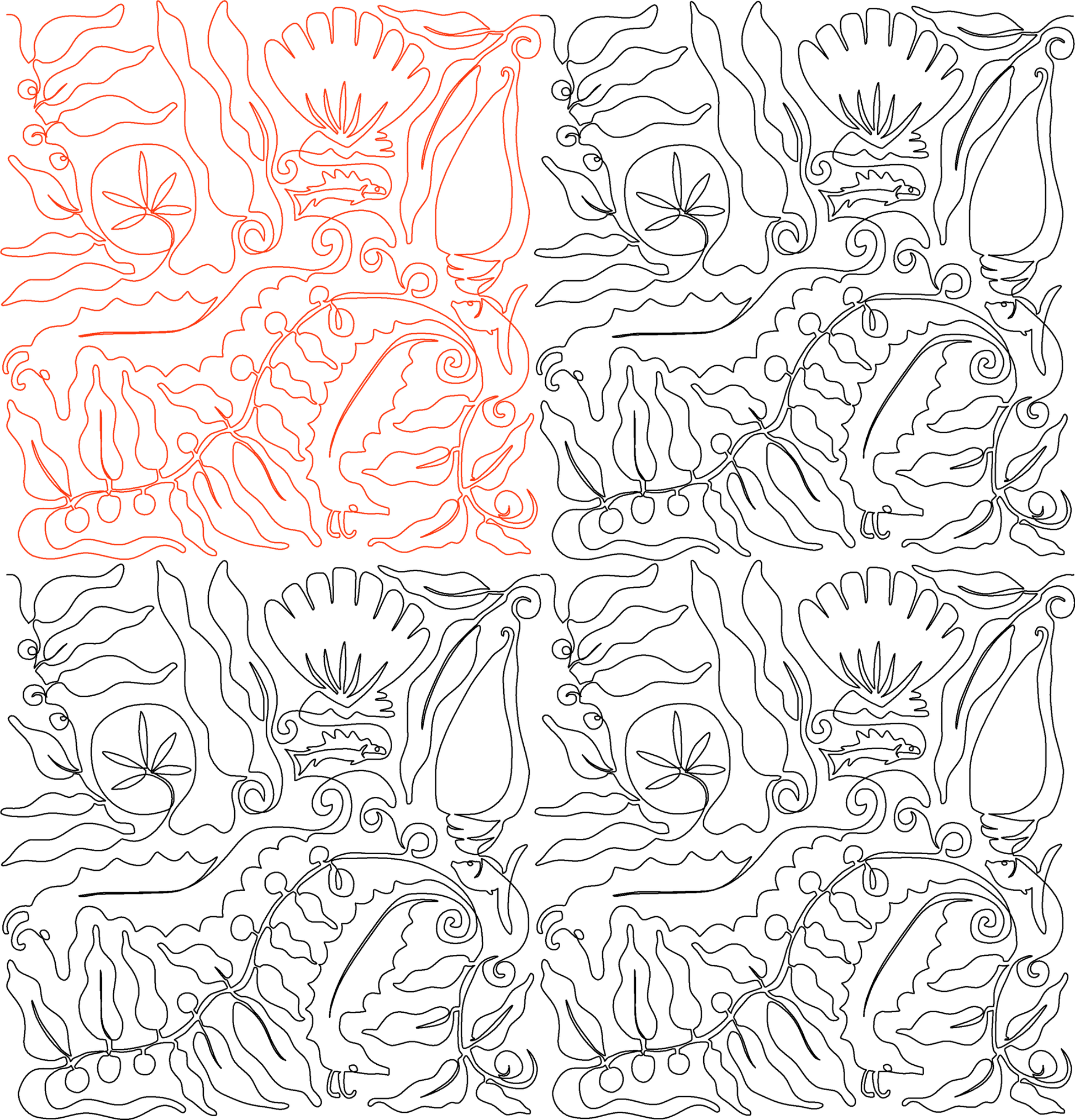 tossed seahorse shells and kelp quilting design repeat