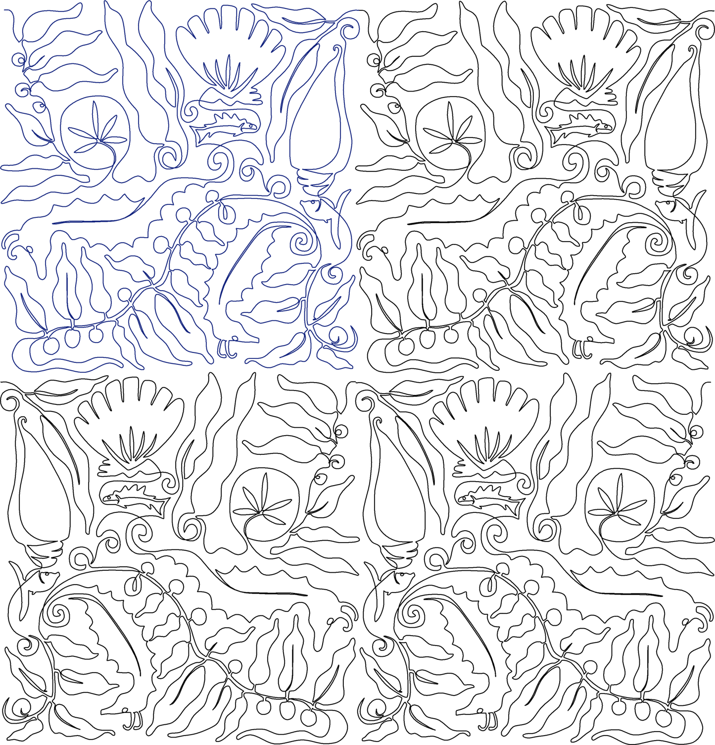 tossed seahorse shells and kelp quilting design with flipped repeat