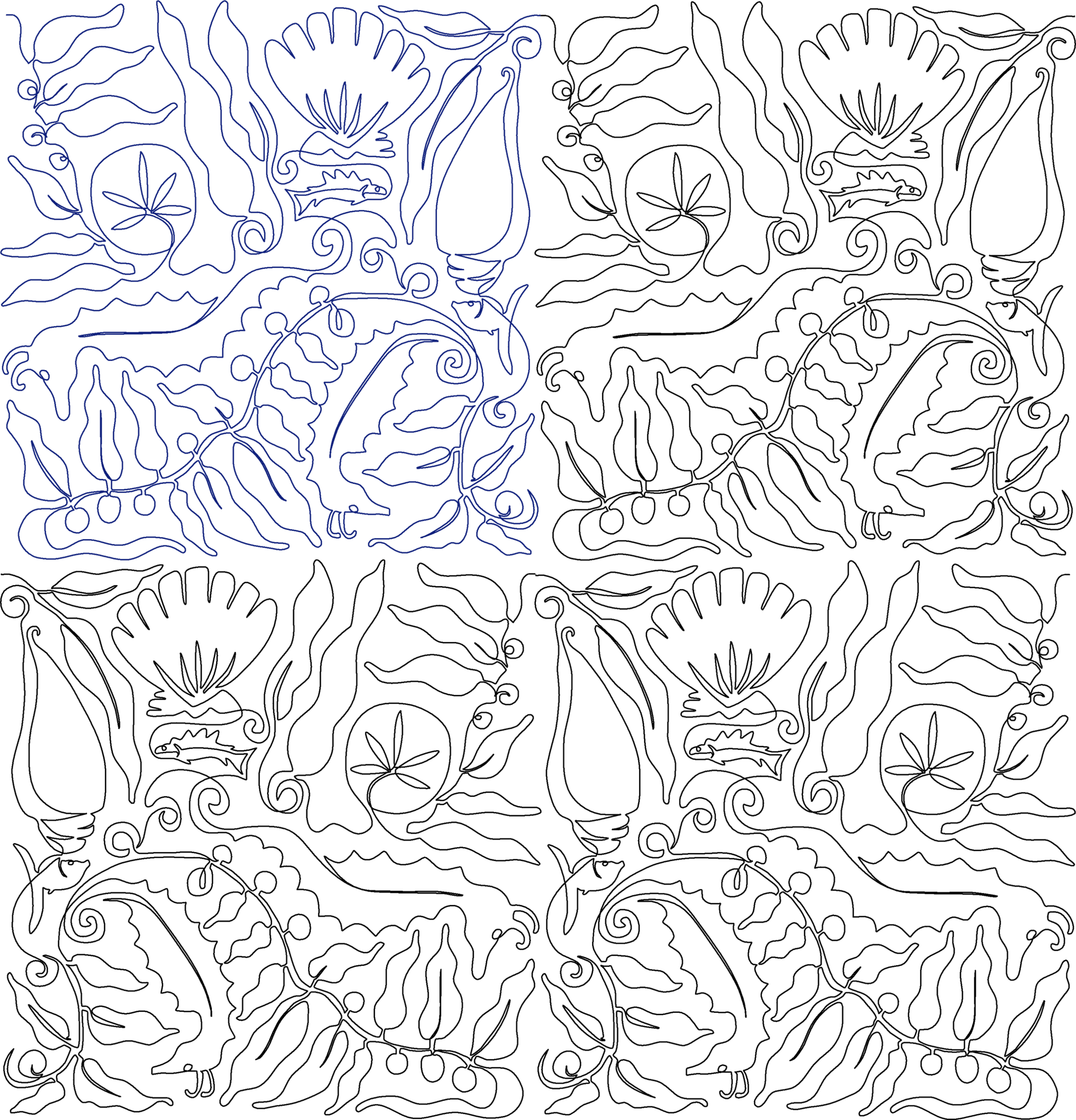 tossed seahorse shells and kelp quilting design with flipped repeat